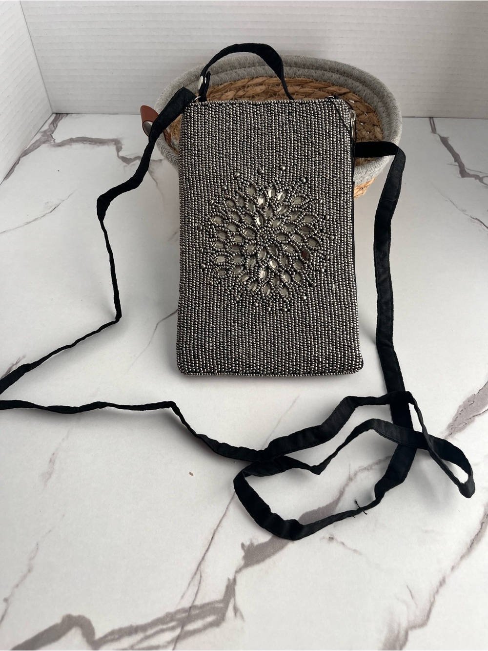 Bamboo Traders Black Beaded Crossbody Phone Pouch with Decorative Rhinestones